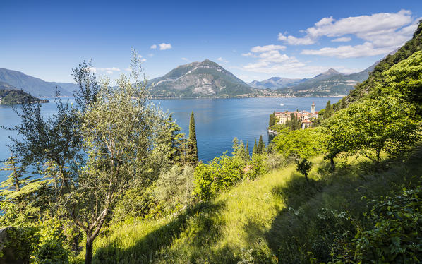 The typical village of Varenna surrounded by the blue water of Lake Como and gardens Province of Lecco Lombardy Italy Europe