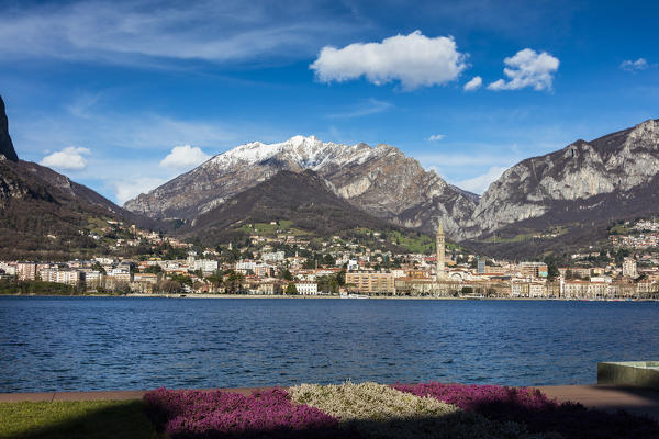 Colorful flowers frame Lake Como and the city of Lecco with snowy peaks in the background Lombardy Italy Europe