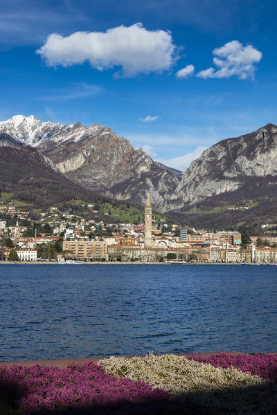 Colorful flowers frame Lake Como and the city of Lecco with snowy peaks in the background Lombardy Italy Europe