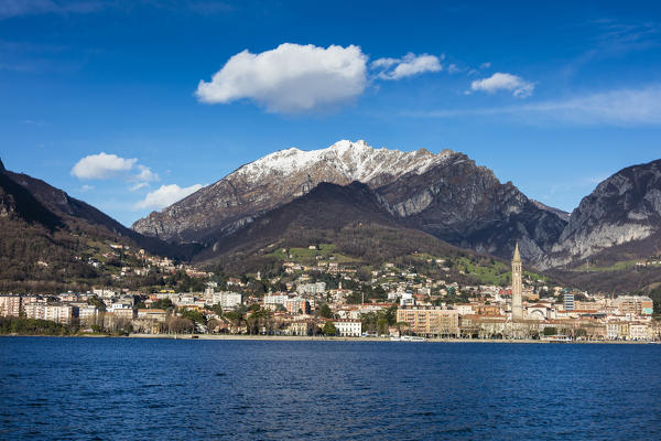 View of Lake Como surrounding the city of Lecco framed by snowy peaks Lombardy Italy Europe