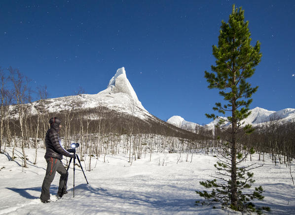 Photographer in the woods next to the snowy peak of the Stetind mountain under a starry sky Tysfjord Nordland Norway Europe