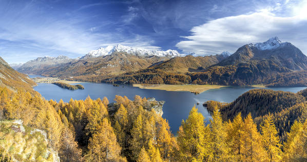 Panoramic of the colorful woods around Lake Sils in autumn Plaun da Lej Upper Engadine Canton of Graubunden Switzerland Europe