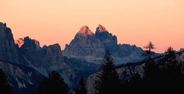 The Tre Cime di Lavaredo (Three Peaks of Lavaredo) painted with the red colours of the susnset Dolomites, Trentino Alto Adige, Italy, Europe