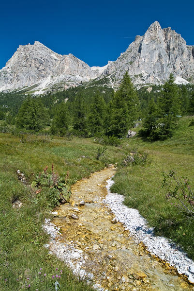 The Lagazuoi and the Tofana di Rozes seen from the Falzarego Pass. The pass connects the high Agordino  with Cortina d'Ampezzo through State Route 48  of the Dolomites Trentino Alto Adige Italy Europe