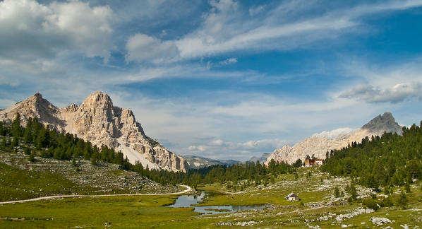 The Fanes Hut (Ucia de Fanes) at the alpine pasture (malga) of Fanes Piccola in the Valun of Fanes Dolomites Trentino Alto Adige Italy Europe