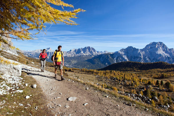 Hikers on path with Monte Cristallo and Sorapiss in the background, Dolomites, Cortina d'Ampezzo, province of Belluno, Veneto, Italy