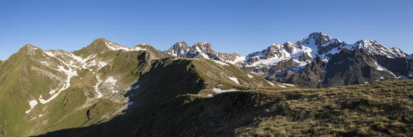 Panorama of Mount Disgrazia Corni Bruciati Monte Caldenno Malenco Valley Valtellina Province of Sondrio Lombardy Italy Europe