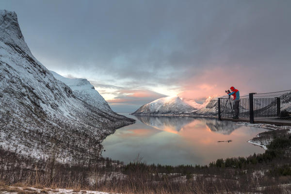 Photographer on platform admires the snowy peaks reflected in sea at sunset Bergsbotn Senja Troms County Norway Europe