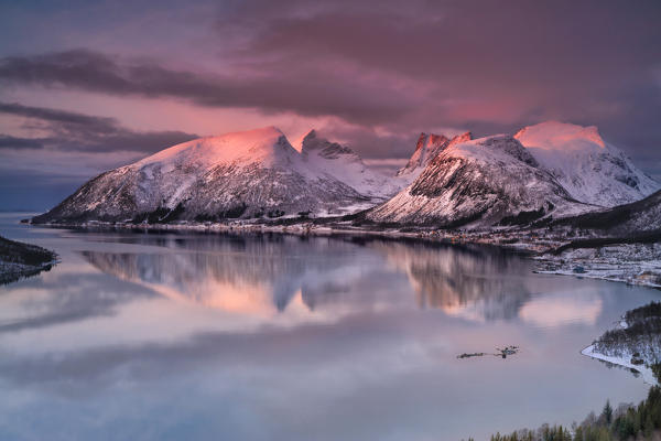 Pink sky and clouds on the snowy peaks reflected in cold sea at sunset Bergsbotn Senja Troms County Norway Europe