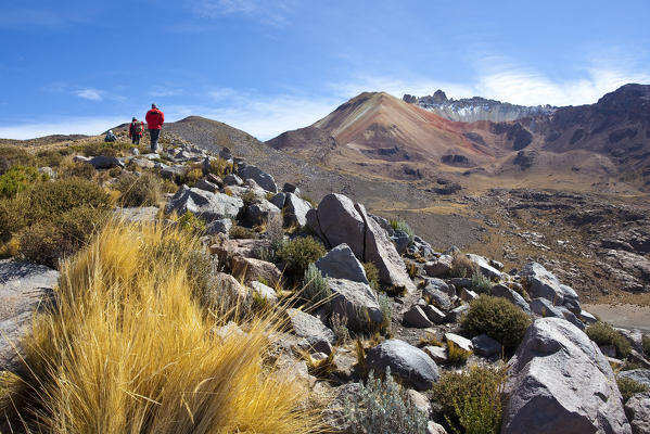 Climbers starting their ascent to the summit of the Volcano Tunupa, in the Bolivian Andes. Thanks to the volcanic ashes, the slopes of the volcano are fertile soil. Once you gained enough altitude to leave the last fields surounded by stonewalls you access to the first outlook point  offering an overview on the whole region. An ashtonishigly diverse flaura and fauna (humming birds, Vizcachas, camelids...) await on the trail before you reach the last section in a scree slope. Bolivia, South America