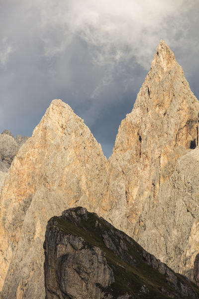 Dark clouds on the sharp peaks of the Odle mountain range seen from Seceda at fall Val Gardena Trentino Alto Adige Italy Europe
