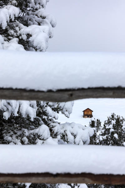 The wooden fence covered with snow frames the alpine hut Passo Delle Erbe Funes Valley South Tyrol Italy Europe