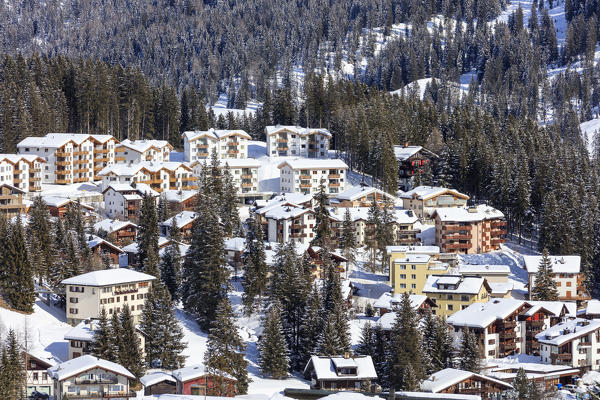 View of the alpine village of Arosa framed by snowy woods district of Plessur Canton of Graubünden Switzerland Europe