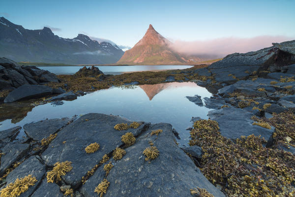 The rocky peak of Volanstinden lighted up by the midnight sun is reflected in blue sea Fredvang Lofoten Islands Norway Europe