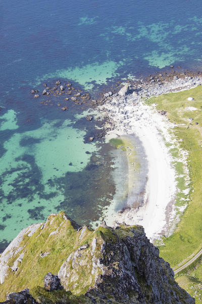 Top view of the sandy beach facing the turquoise sea Vaeroy Island Nordland county Lofoten archipelago Norway Europe