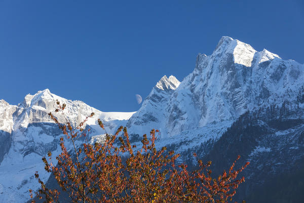 Blue sky and moon on the snowy peaks framed by colorful trees Soglio Bregaglia Valley canton of Graubünden Switzerland Europe