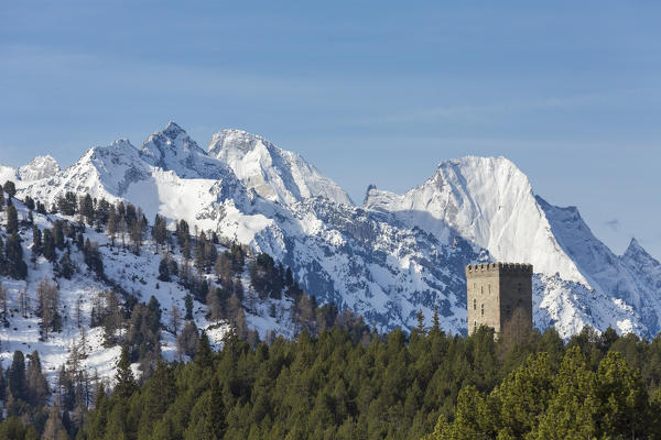 Belvedere tower framed by Piz Badile covered with snow Maloja Bondasca Valley Canton of Graubünden Engadine Switzerland Europe