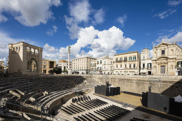 The Roman Amphitheatre and ancient ruins in the old town Lecce Apulia Italy Europe
