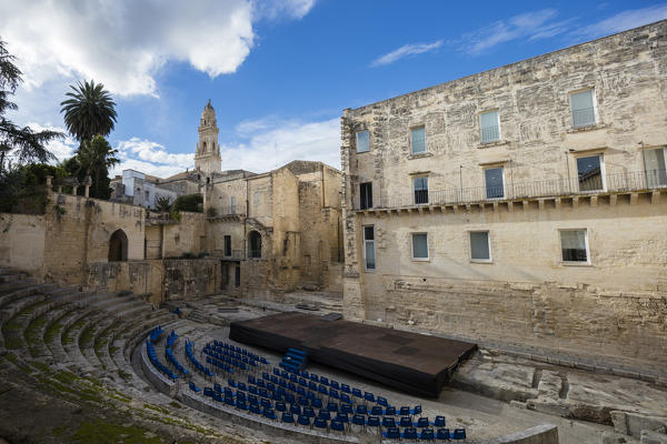 The Roman Amphitheatre and ancient ruins in the old town Lecce Apulia Italy Europe