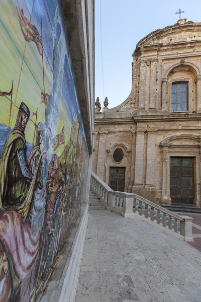 A colorful mural frames the old Chiesa Di Maria Santissima Del Monte Caltagirone province of Catania Sicily Italy Europe
