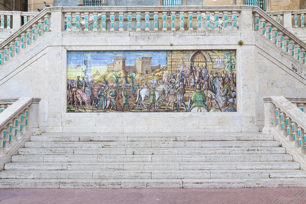 A flight of steps frames paintings on white marble of the ancient balcony Caltagirone province of Catania Sicily Italy Europe
