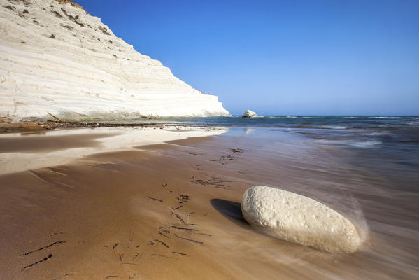The sea waves crashing on the white cliffs known as Scala dei Turchi Porto Empedocle province of Agrigento Sicily Italy Europe