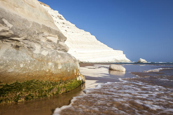 The sea waves crashing on the white cliffs known as Scala dei Turchi Porto Empedocle province of Agrigento Sicily Italy Europe