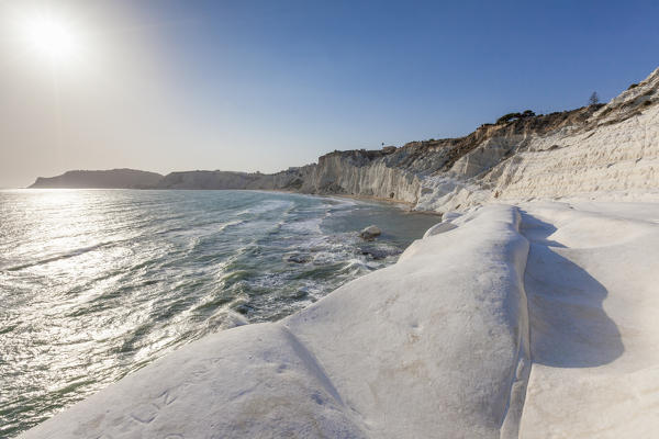 White cliffs known as Scala dei Turchi frame the turquoise sea Porto Empedocle province of Agrigento Sicily Italy Europe