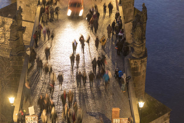 People on the historical Charles Bridge on Vltava (Moldava) river Prague Czech Republic Europe