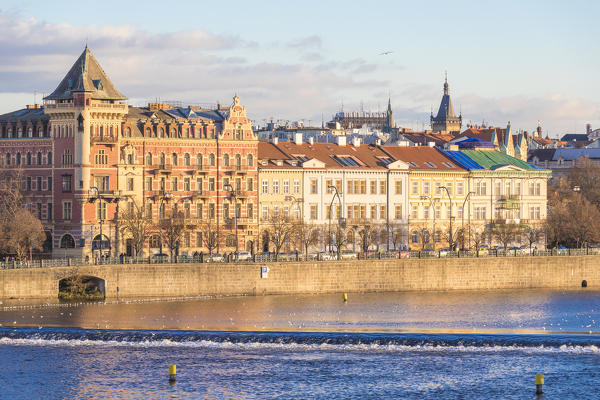 View of  the Vltava (Moldava) river framed by historical buildings Prague Czech Republic Europe