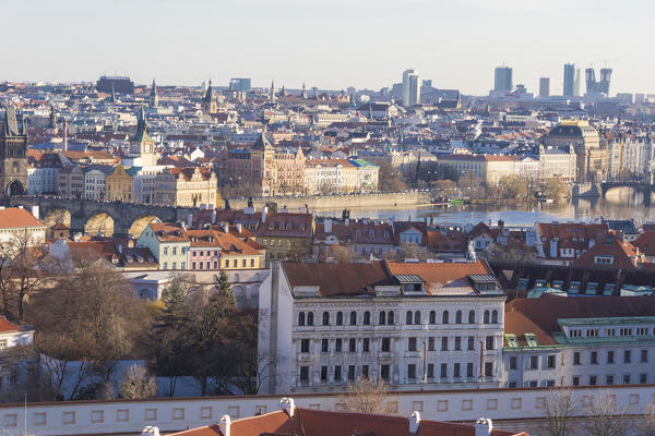 View of the historic old town framed by river Prague Czech Republic Europe