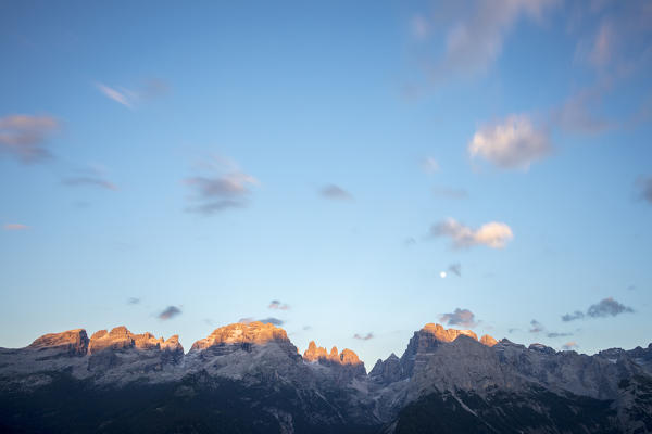 Sunset on the rocky peaks seen from Malga Ritorto Madonna di Campiglio Brenta Dolomites Trentino Alto Adige Italy Europe