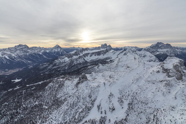 Aerial view of the snowy ridges of the Cinque Torri Dolomites Cortina D'ampezzo Province of Belluno Veneto Italy Europe