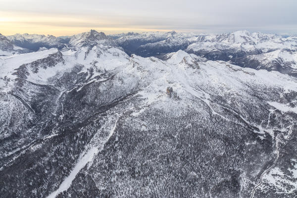 Aerial view of the snowy ridges of the Cinque Torri Dolomites Cortina D'ampezzo Province of Belluno Veneto Italy Europe