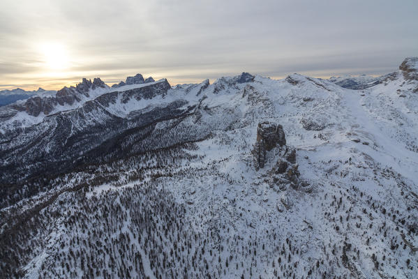 Aerial view of the snowy ridges of the Cinque Torri Dolomites Cortina D'ampezzo Province of Belluno Veneto Italy Europe