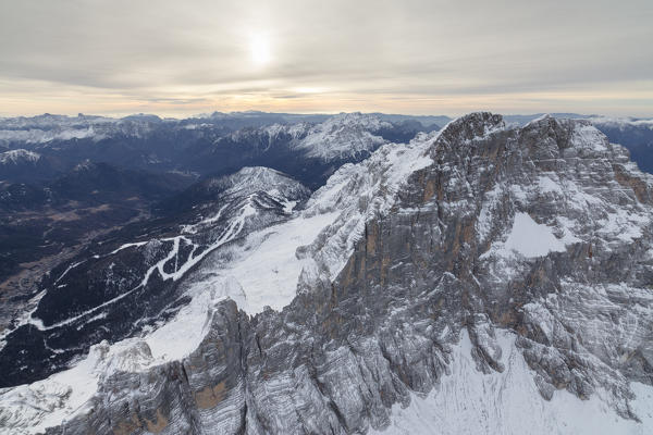 Aerial view of the snowy peaks of Croda Da Lago Dolomites Cortina D'ampezzo Province of Belluno Veneto Italy Europe