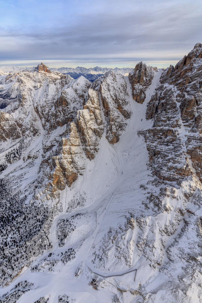 Aerial view of snowy peaks of Monte Cristallo and Forcella Staunies Ampezzo Dolomites Province of Belluno Veneto Italy Europe