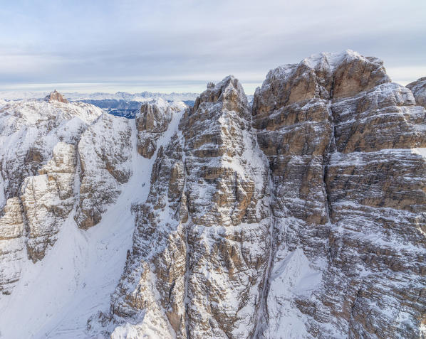 Aerial view of the snowy peaks of Monte Cristallo Cortina D'Ampezzo Dolomites Province of Belluno Veneto Italy Europe