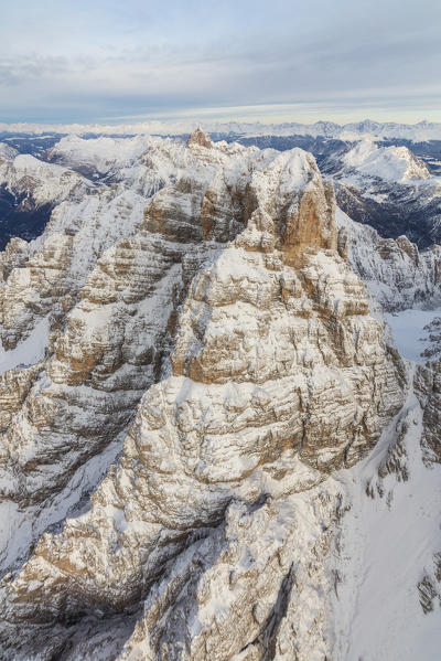 Aerial view of the snowy peaks of Monte Cristallo Cortina D'Ampezzo Dolomites Province of Belluno Veneto Italy Europe