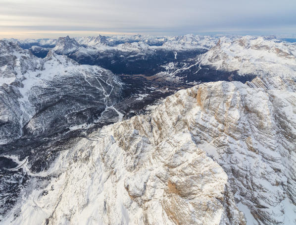 Aerial view of the snowy peaks of Monte Cristallo Cortina D'Ampezzo Dolomites Province of Belluno Veneto Italy Europe