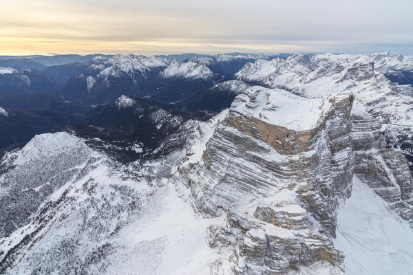 Aerial view of the rocky peaks of Monte Pelmo at dawn Zoldo Dolomites Province of Belluno Veneto Italy Europe