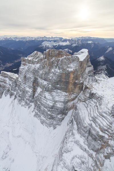 Aerial view of the rocky peaks of Monte Pelmo at dawn Zoldo Dolomites Province of Belluno Veneto Italy Europe