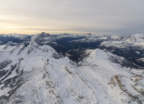 Aerial view of the snowy peaks of Giau Pass Cortina D'ampezzo Province of Belluno Veneto Italy Europe