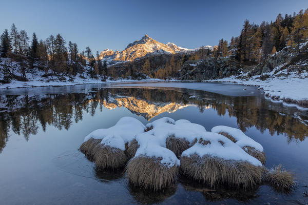 The rocky peak is reflected in the frozen Lake Mufule at dawn Malenco Valley province of Sondrio Valtellina Italy Europe