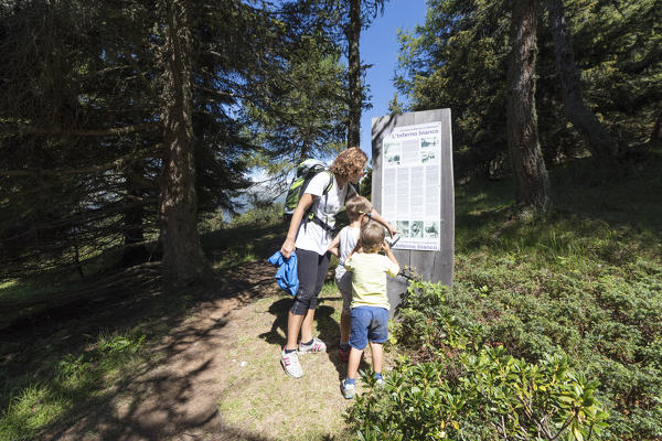 Mother and sons at the war memorial signposting Ponte Di Legno Camonica Valley province of Brescia Lombardy Italy Europe