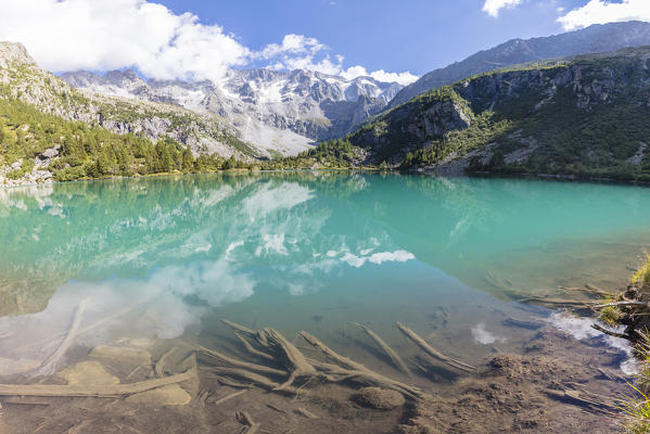 Rocky peaks and woods are reflected in Aviolo Lake Vezza D'Oglio Camonica Valley province of Brescia Lombardy Italy Europe