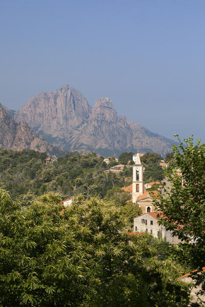 The old citadel of Evisa perched on the hill surrounded by mountains Southern Corsica France Europe