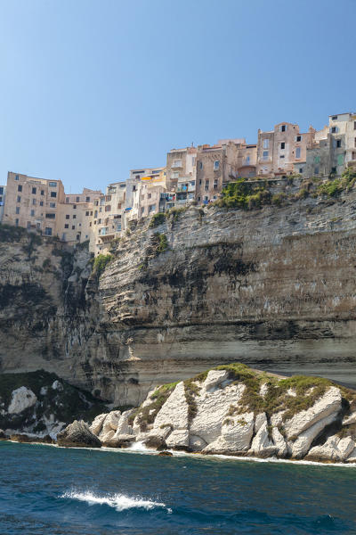 The turquoise sea frames the ancient village perched on the white cliffs Lavezzi Islands Bonifacio Corsica France Europe