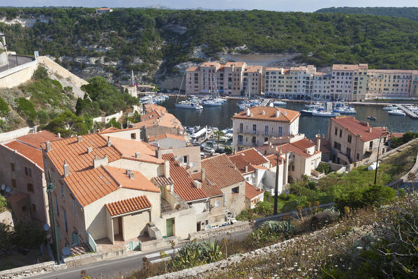 Typical architecture of houses and buildings of the old town framed by the harbor Bonifacio Corsica France Europe