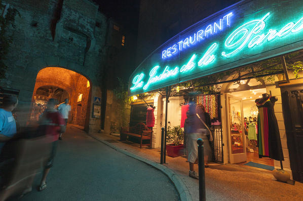 Night view of restaurants and shops in the historic center of Porto Vecchio Corsica France Europe